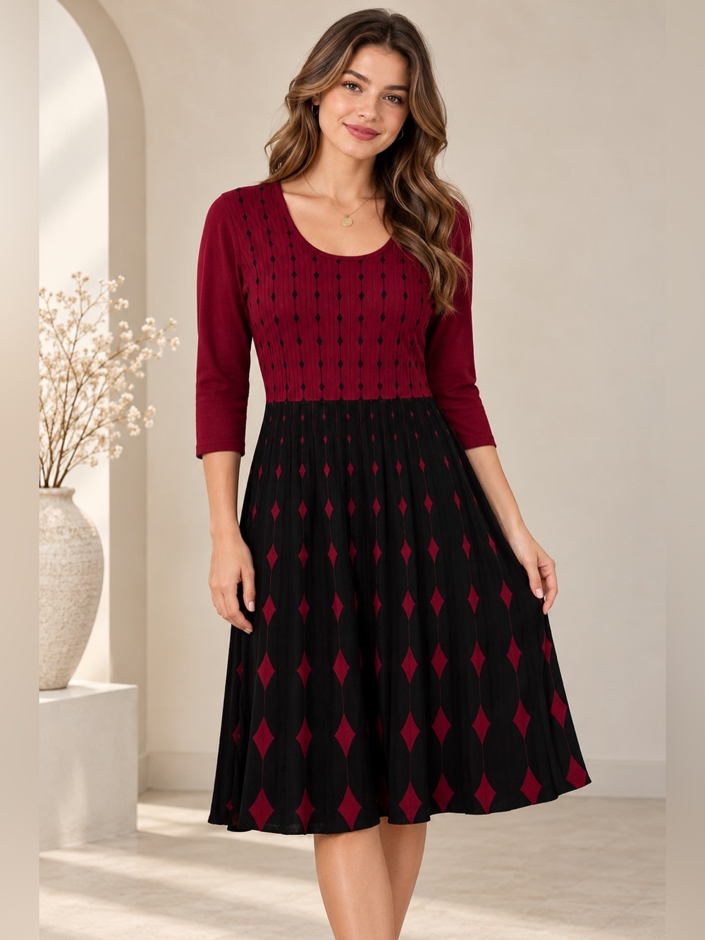 Nina Leonard XL Red Black Knit Fit & Flare Midi Dress